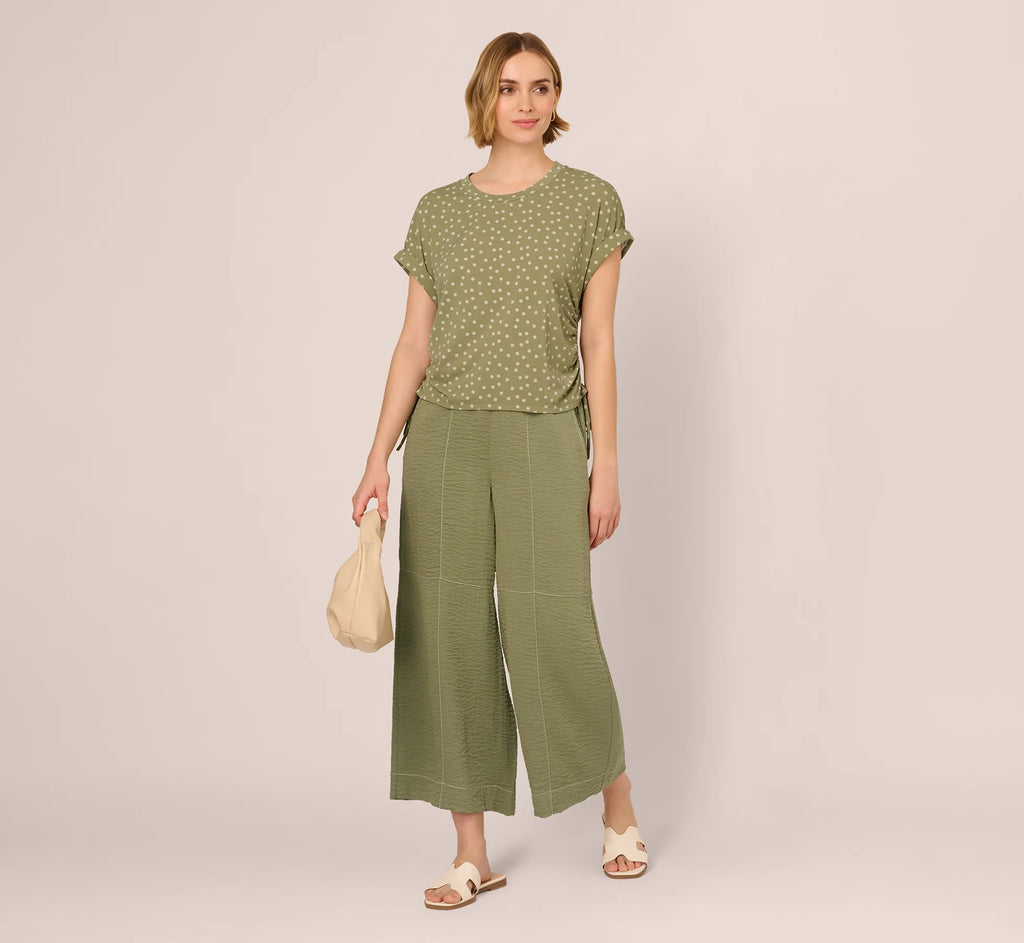 Contrast Stitching Crinkle Midi Pant In Oil Green Ivory
