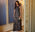 Sleeveless Sequin Floral Lace Gown In Midnight Multi Nude