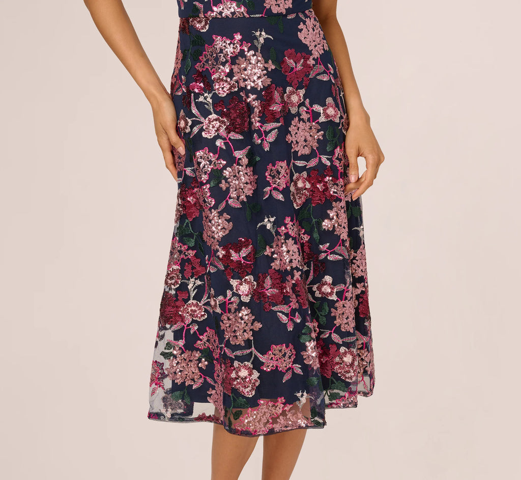 Sleeveless Illusion Sequin Midi Dress In Midnight Multi