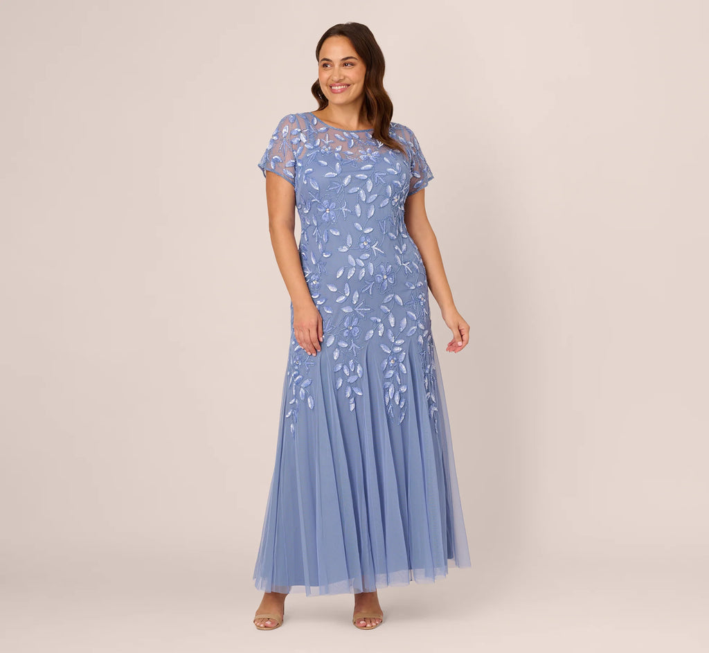 Plus Size Hand Beaded Short Sleeve Floral Godet Gown In French Blue