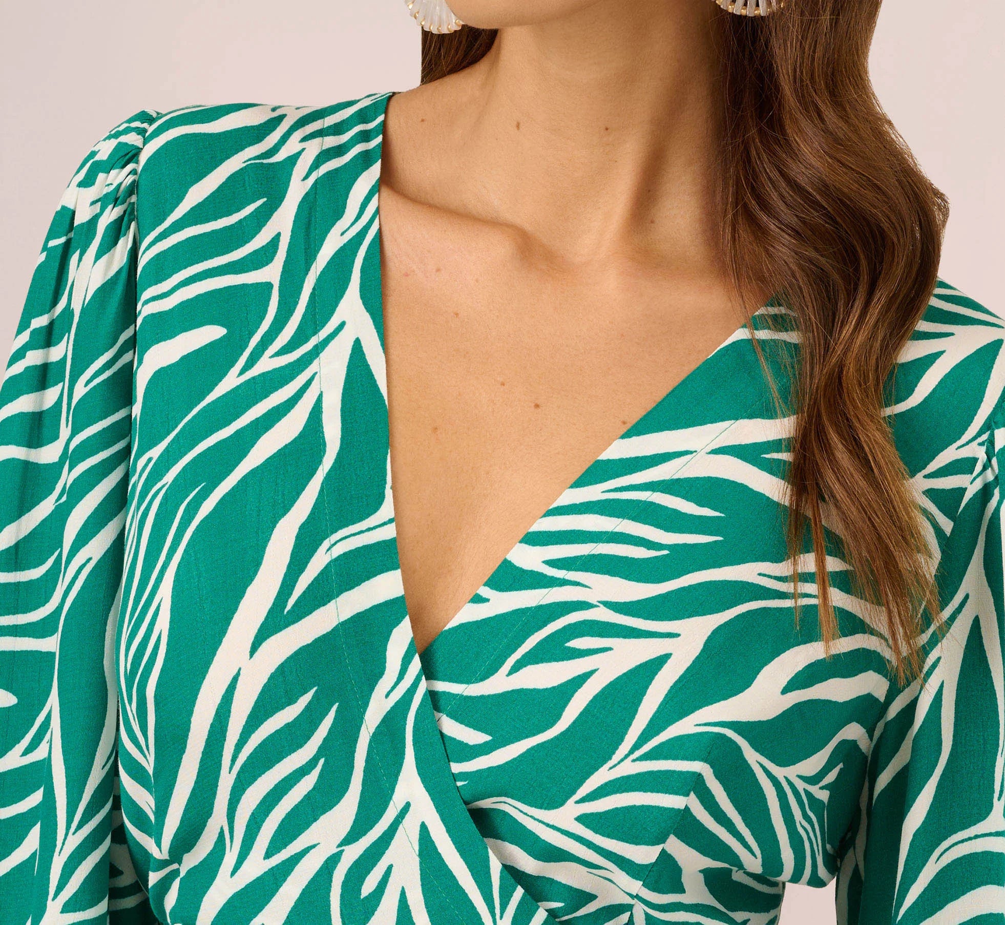 Printed Faux Wrap Dress With Bishop Long Sleeves In Green Ivory