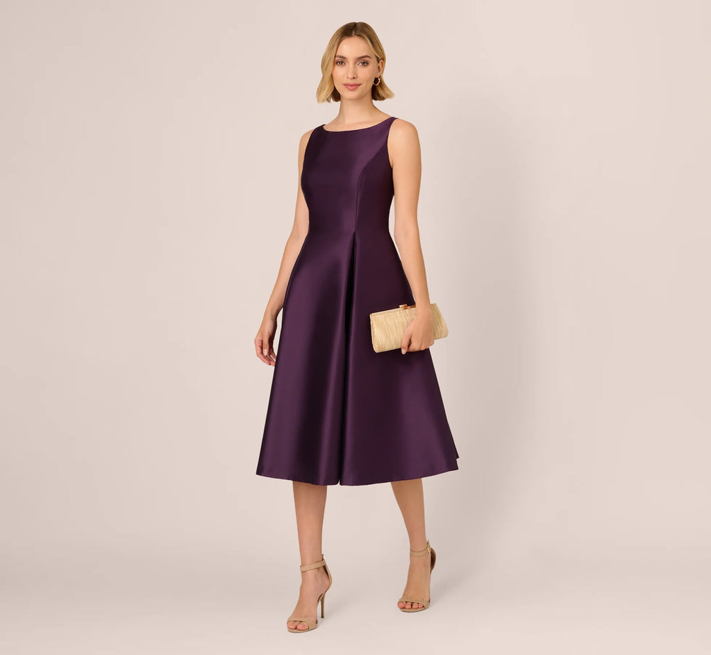 Sleeveless Mikado Fit And Flare Midi Dress With V-Back In Luxe Plum