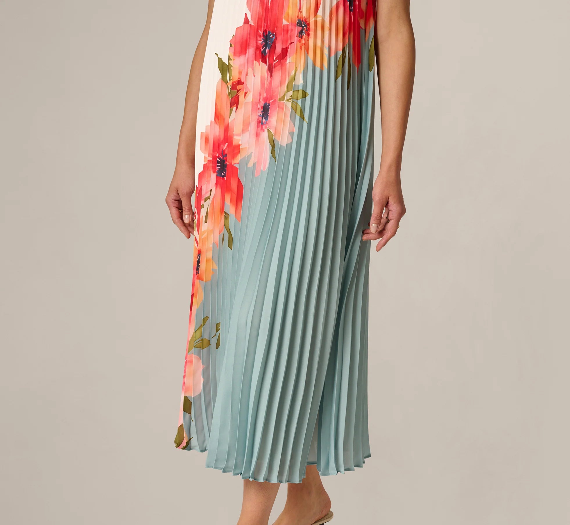 Pleated Chiffon Floral Color Block Midi Trapeze Dress In Blue Multi