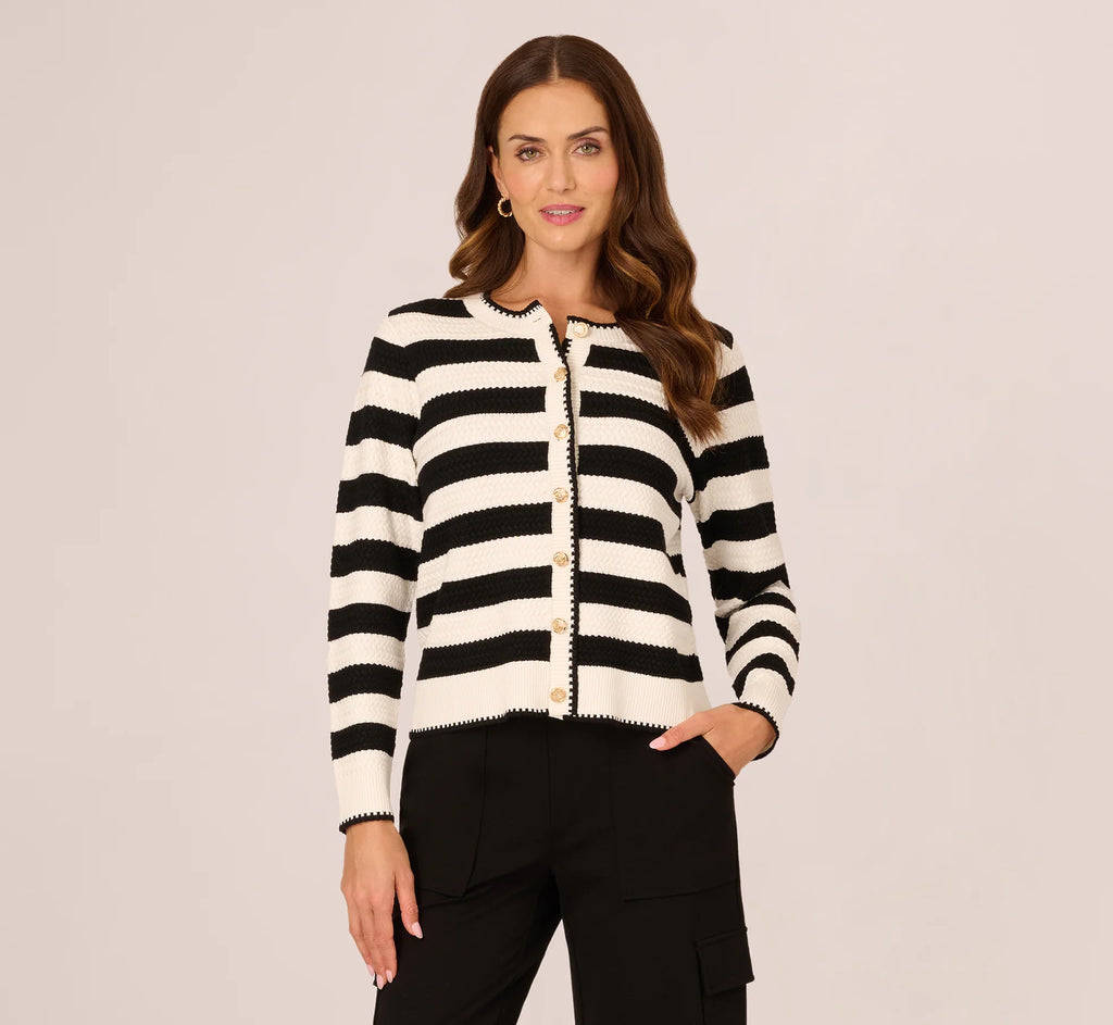 Textured Knit Blanket Stitch Cardigan Sweater In Ivory Black