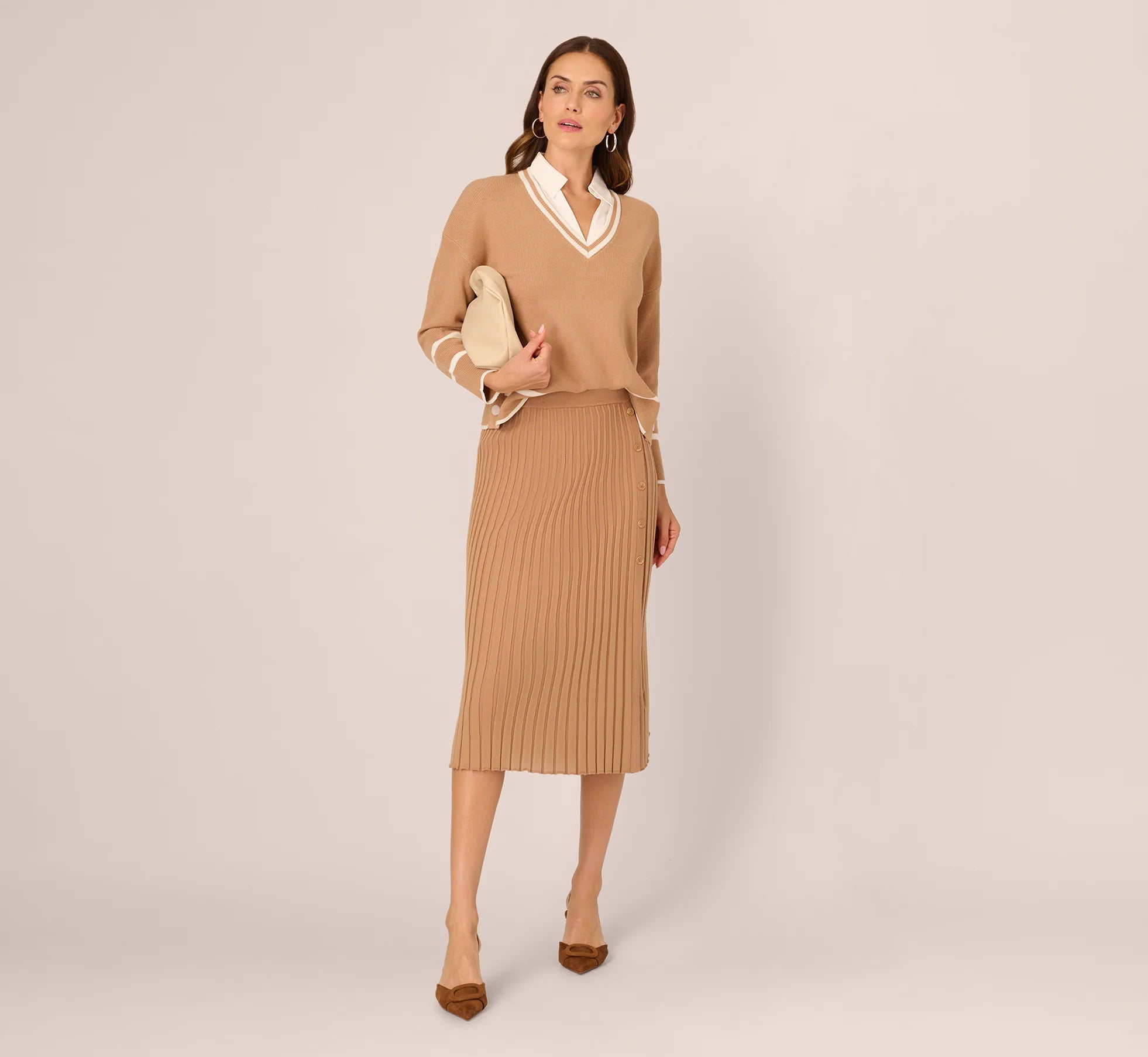 Long Sleeve Drop Shoulder Twofer Sweater In Golden Camel Ivory