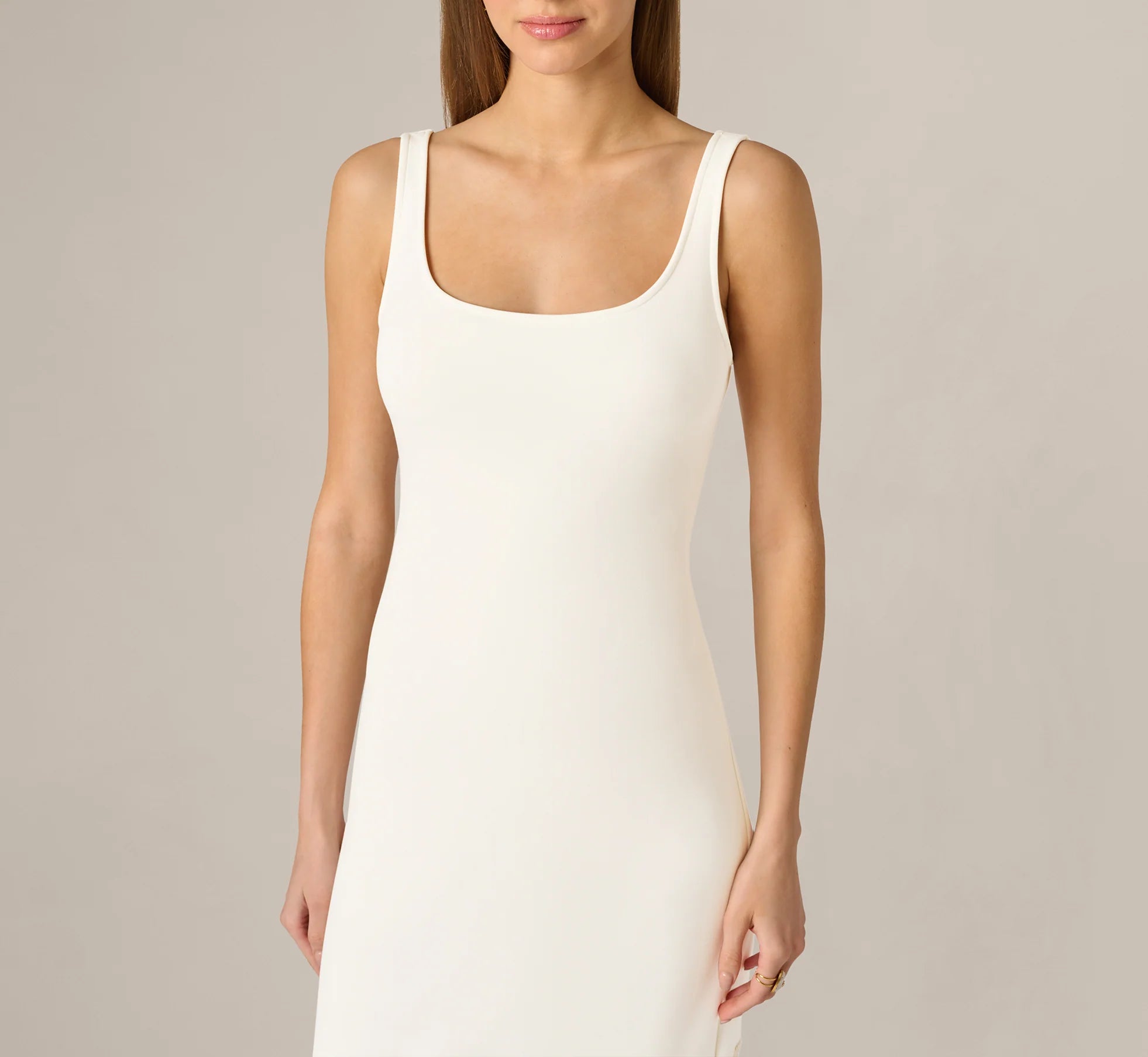Crochet Trimmed Sheath Midi Dress With Tank Straps In Ivory