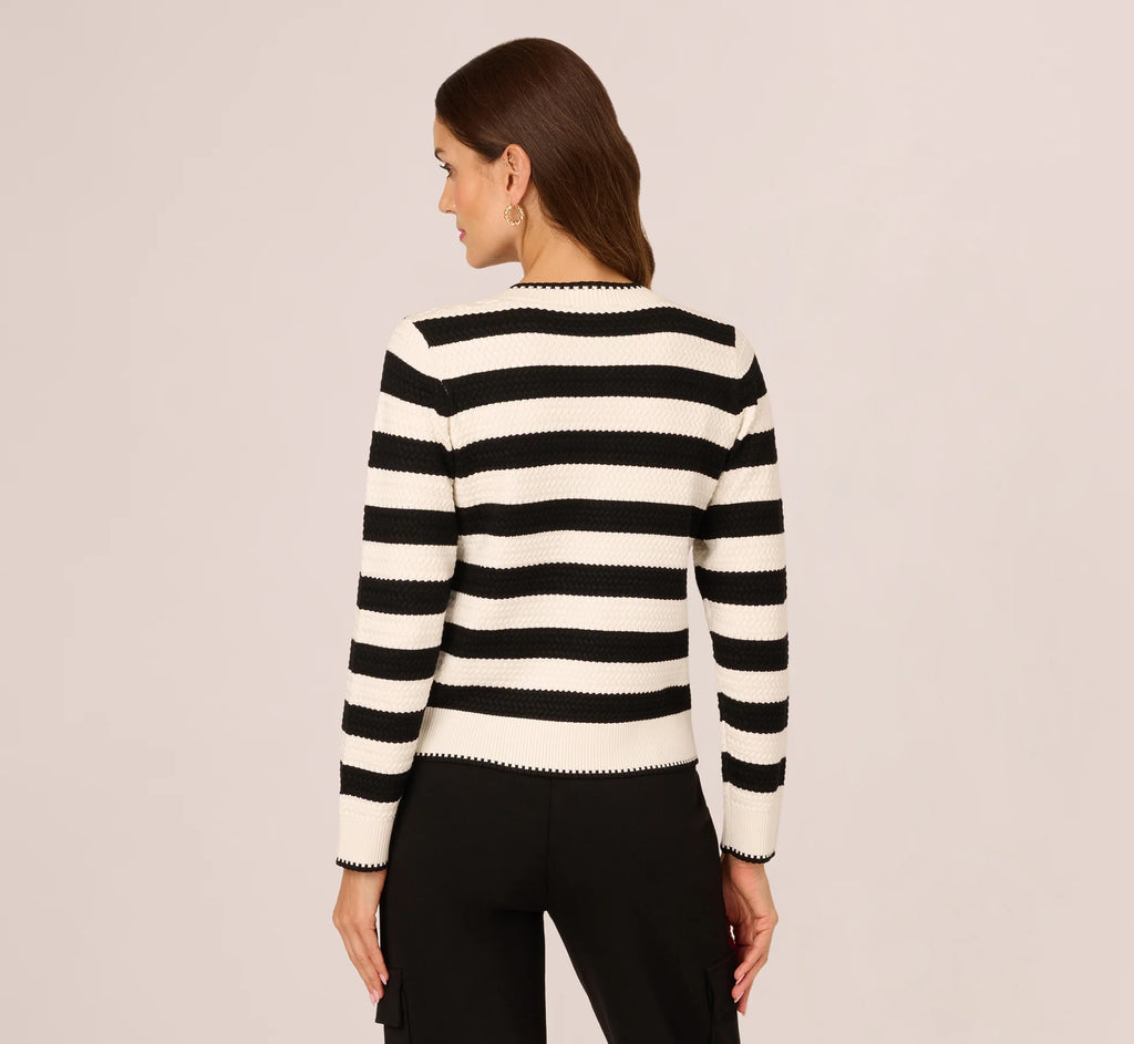 Textured Knit Blanket Stitch Cardigan Sweater In Ivory Black