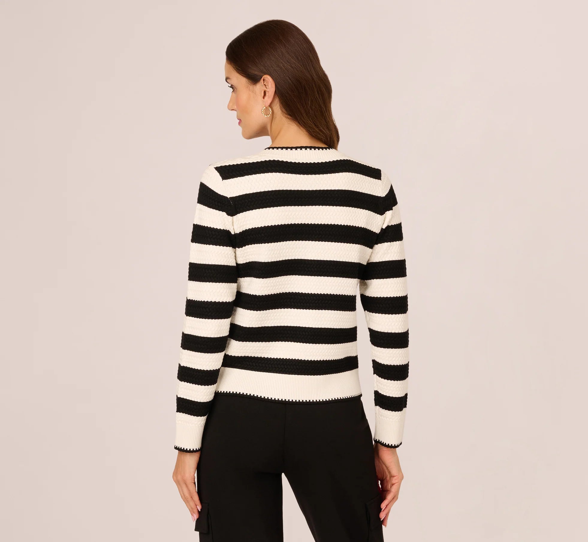 Textured Knit Blanket Stitch Cardigan Sweater In Ivory Black