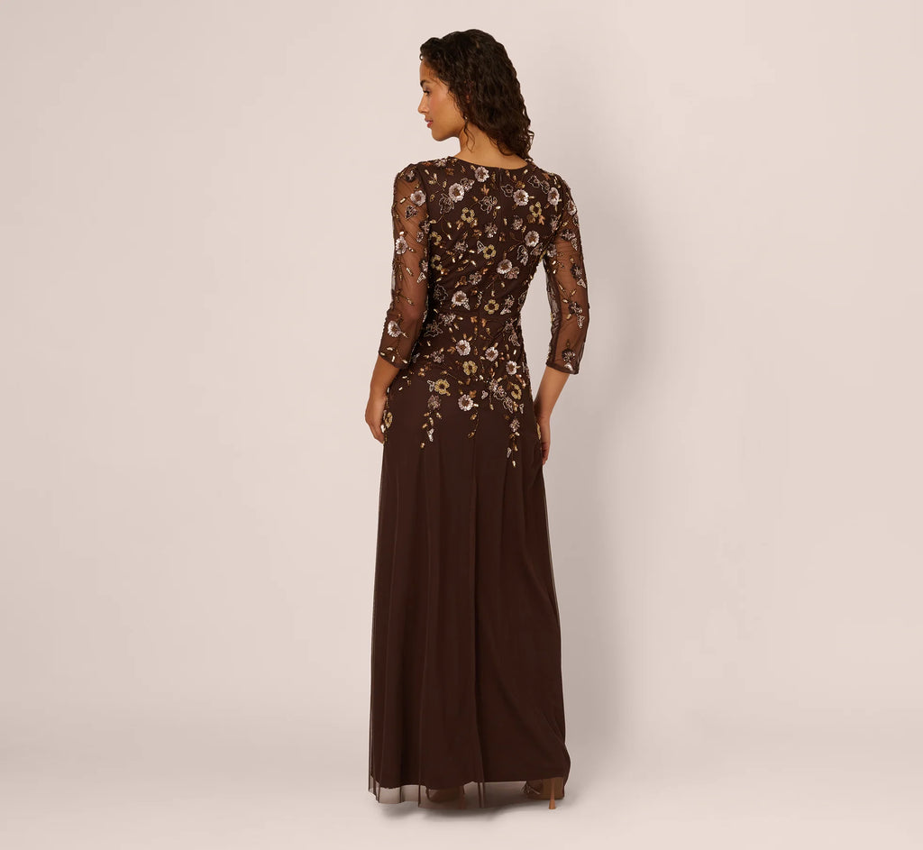Three Quarter Sleeve Floral Sequin Beaded Gown In Chocolate