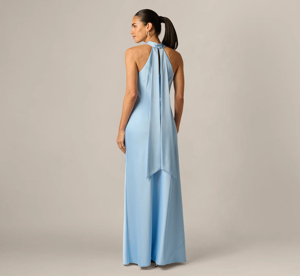 Bias Cut Stretch Satin Scarf Halter Gown In Azure Blue