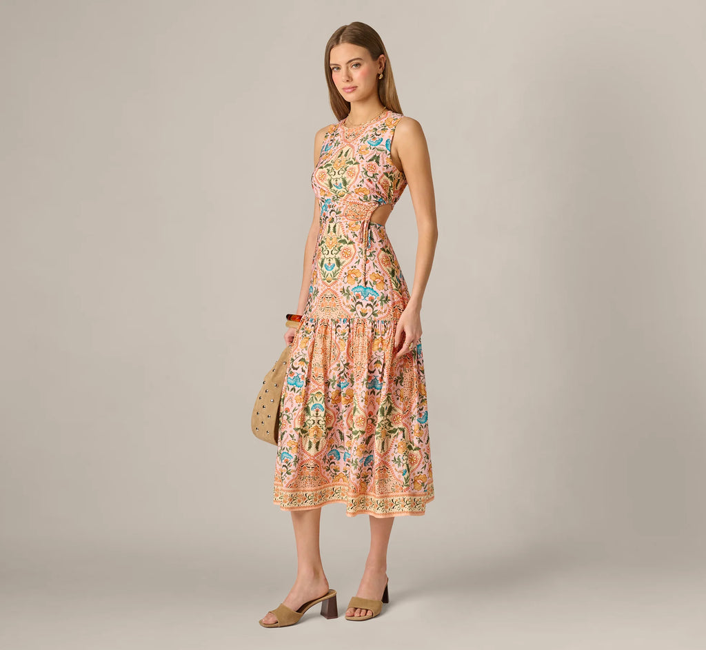 Floral Printed Cutout Drop Waist Midi Dress In Peach Multi