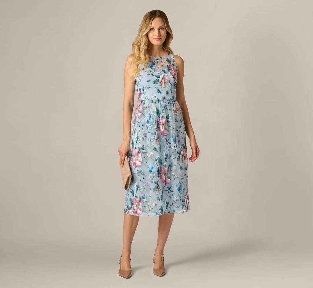 Sequin Beaded Floral Embroidery Illusion Midi Dress In Blue Multi