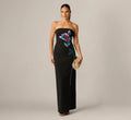 Strapless Beaded Placement Floral Gown In Black Multi