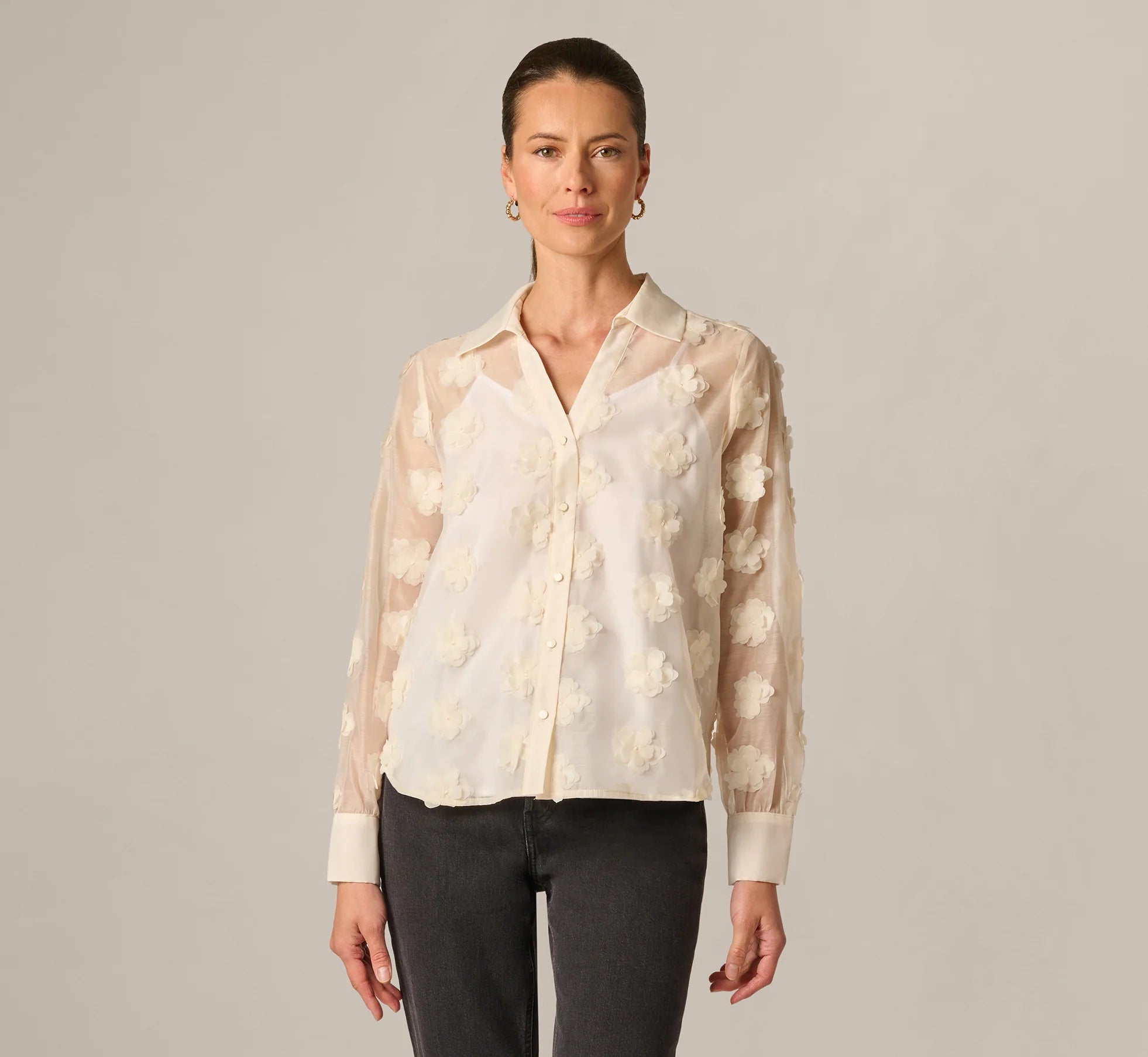 Long Sleeve Sheer 3D Floral Petal Blouse In Cream Frosting