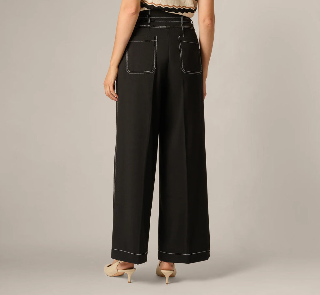 Topstitch Wide Leg Paperbag Pant With Belt In Black Ivory
