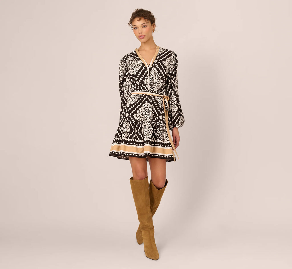 Bishop Sleeve Medallion Printed Short Dress In Black Ivory