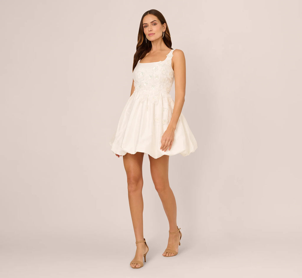 Sleeveless 3D Floral Taffeta Bubble Dress In Ivory