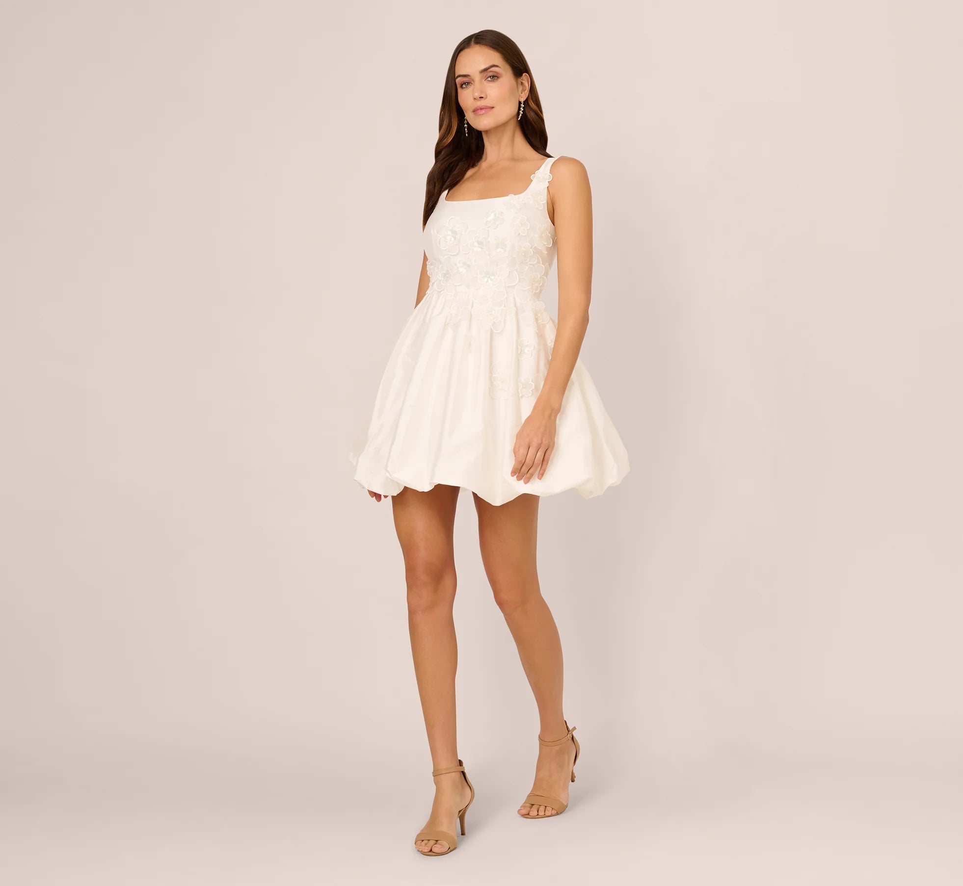 Sleeveless 3D Floral Taffeta Bubble Dress In Ivory