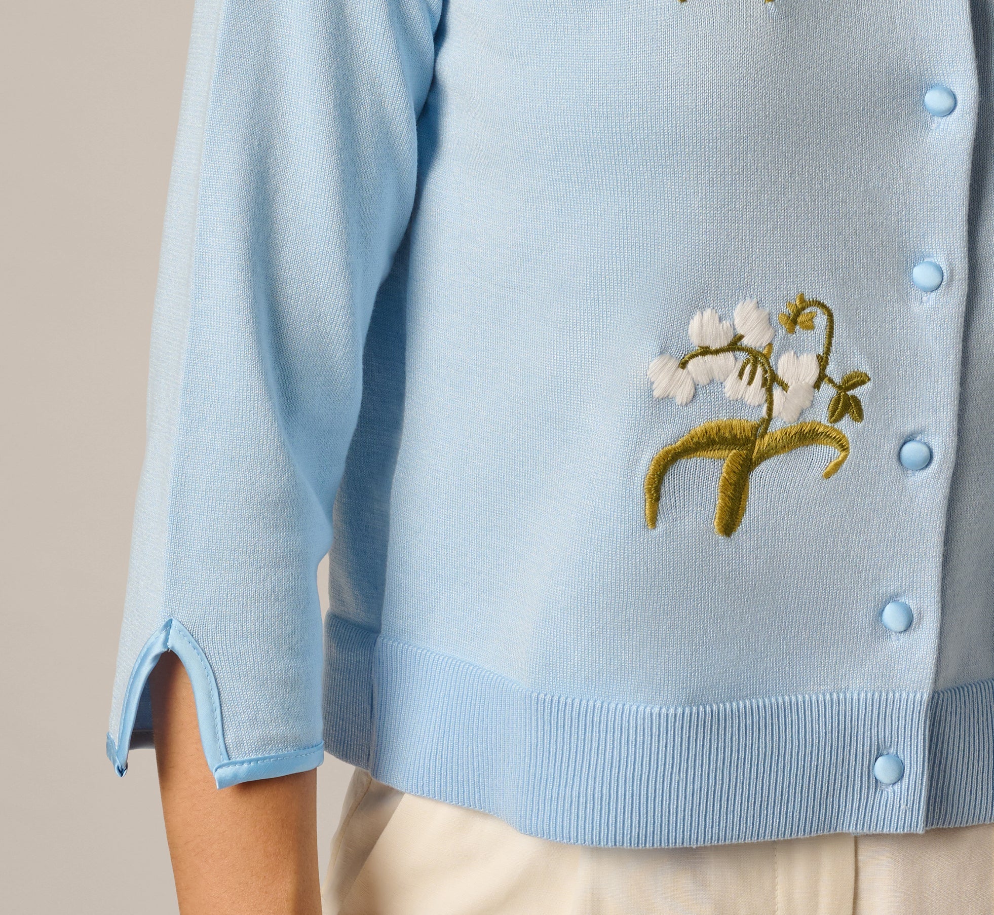 Three Quarter Sleeve Floral Embroidery Cardigan Sweater In Light Sky