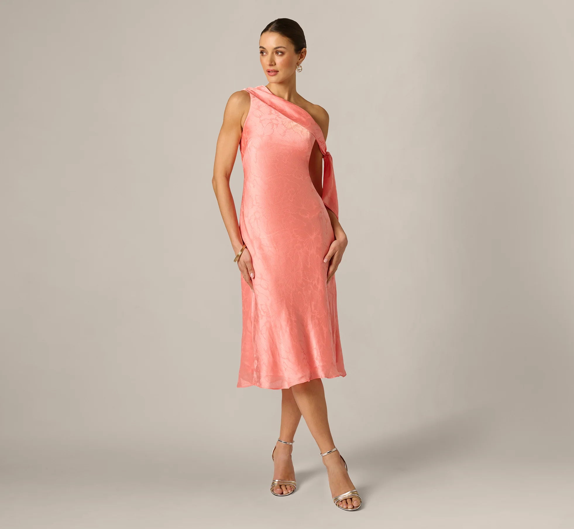 Draped Shoulder Butterfly Jacquard Midi Dress In Coastal Sun