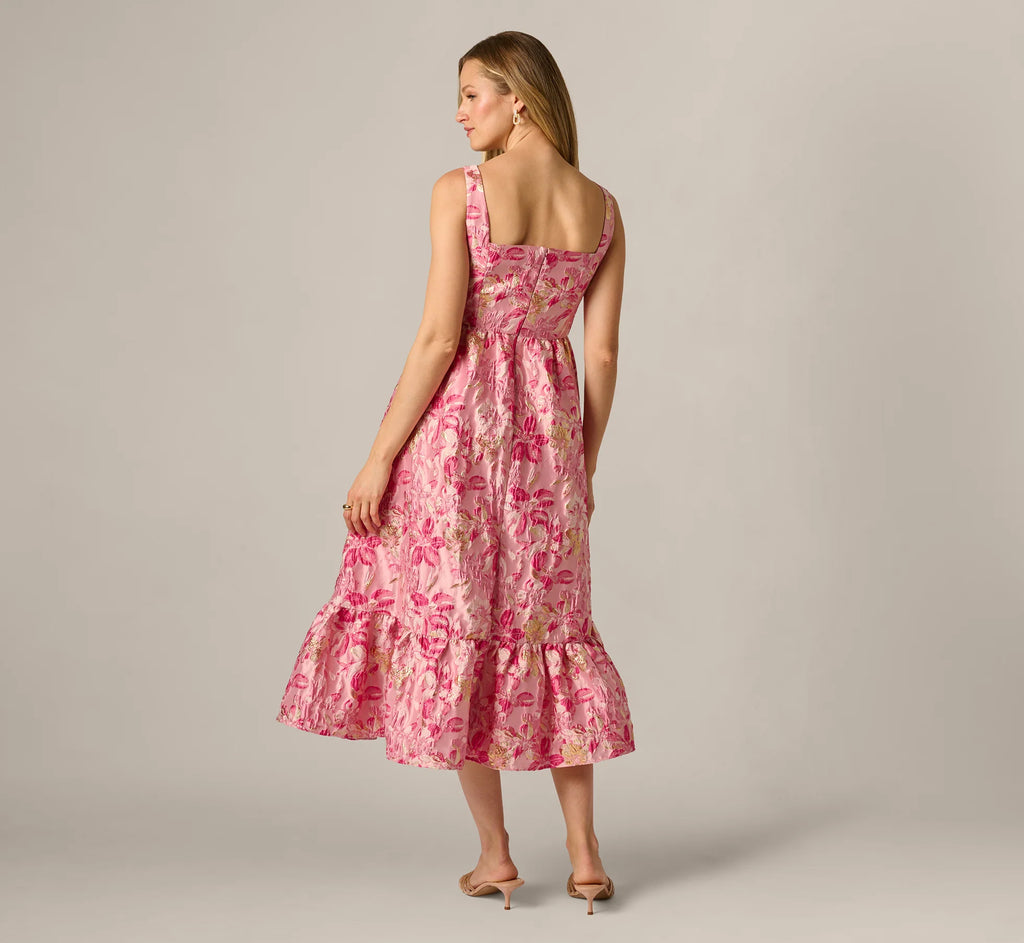 Metallic Floral Jacquard Ruffle Midi Dress In Pink Multi