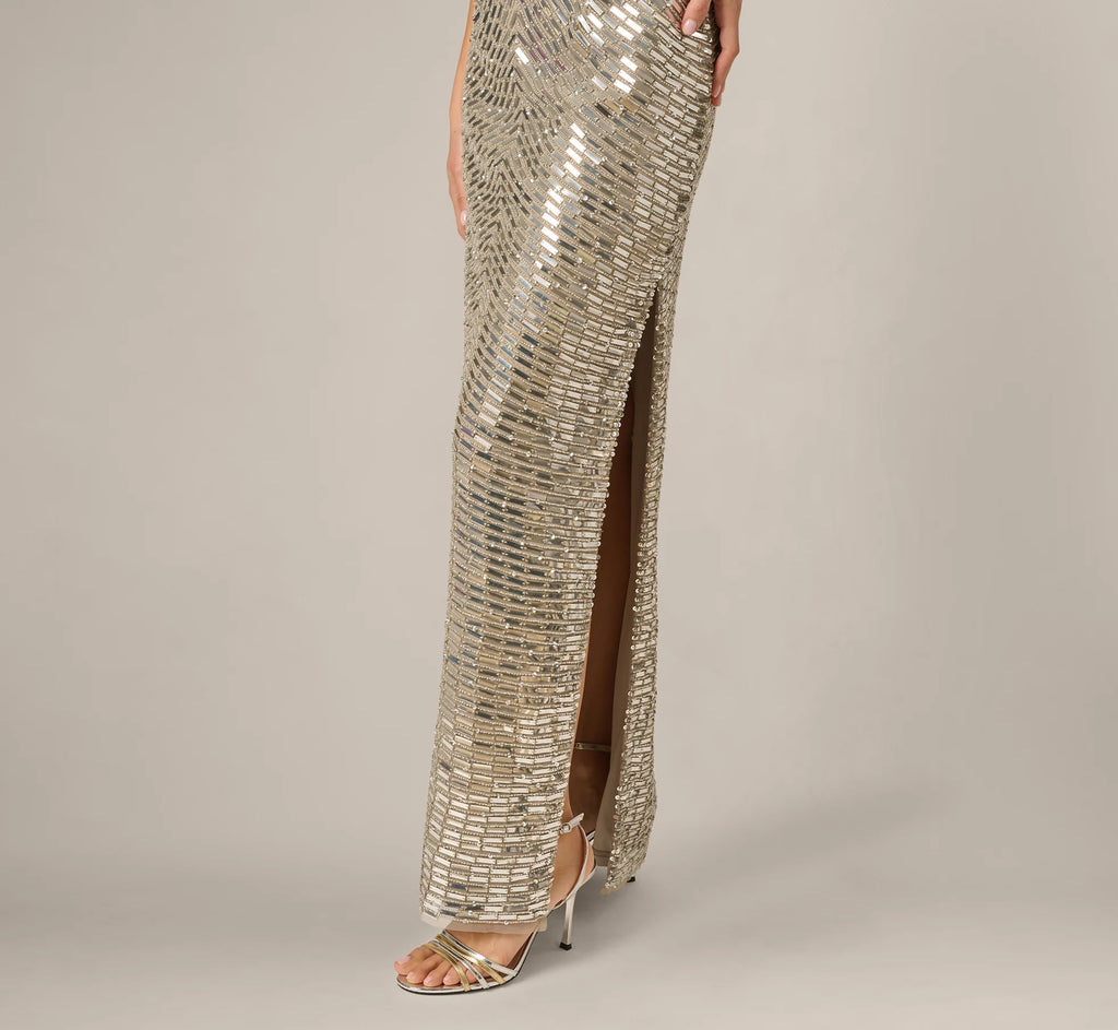 Plunge Neck Mirror Beaded Gown In Silver