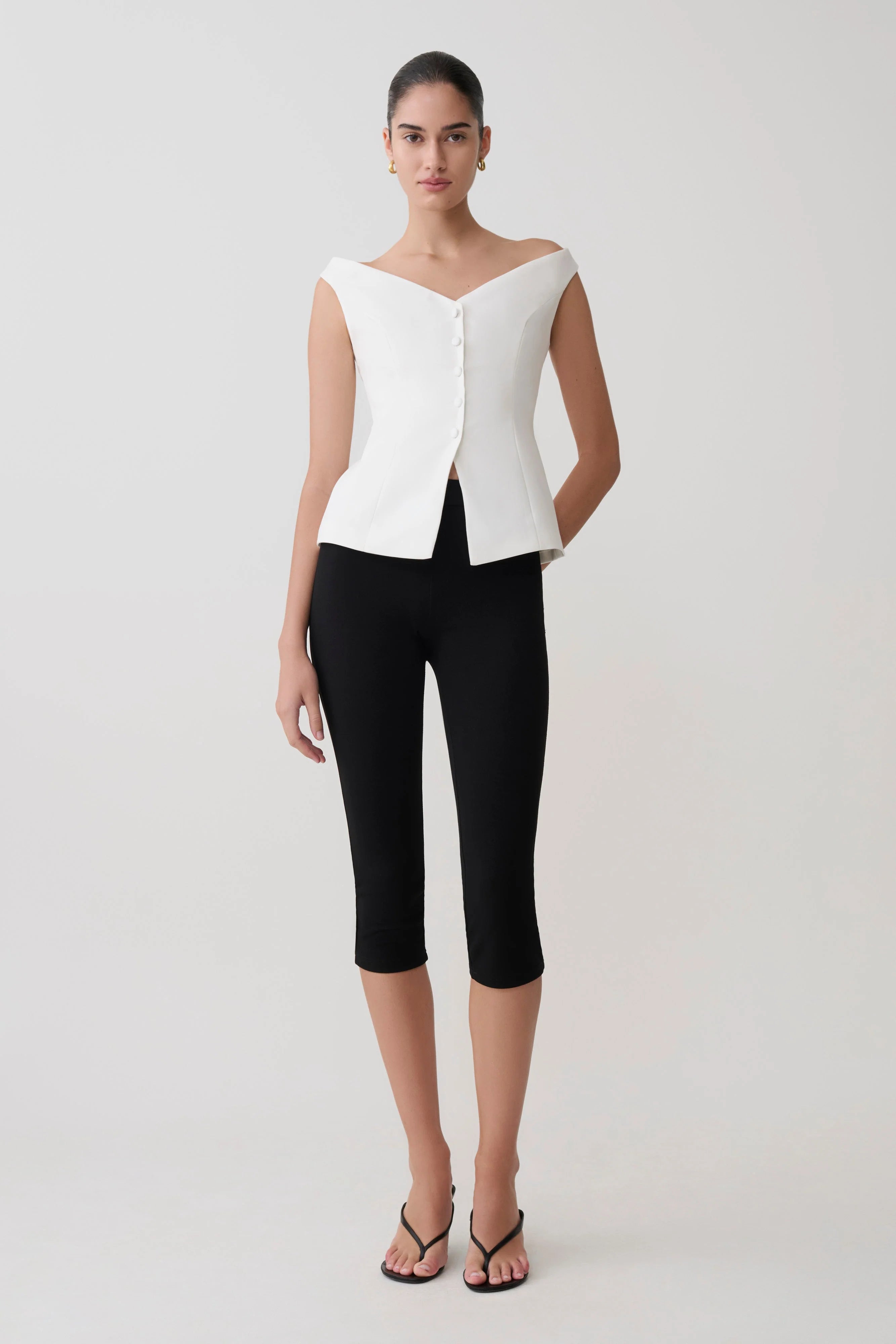 Billie Off Shoulder Sleeveless Button Top - White