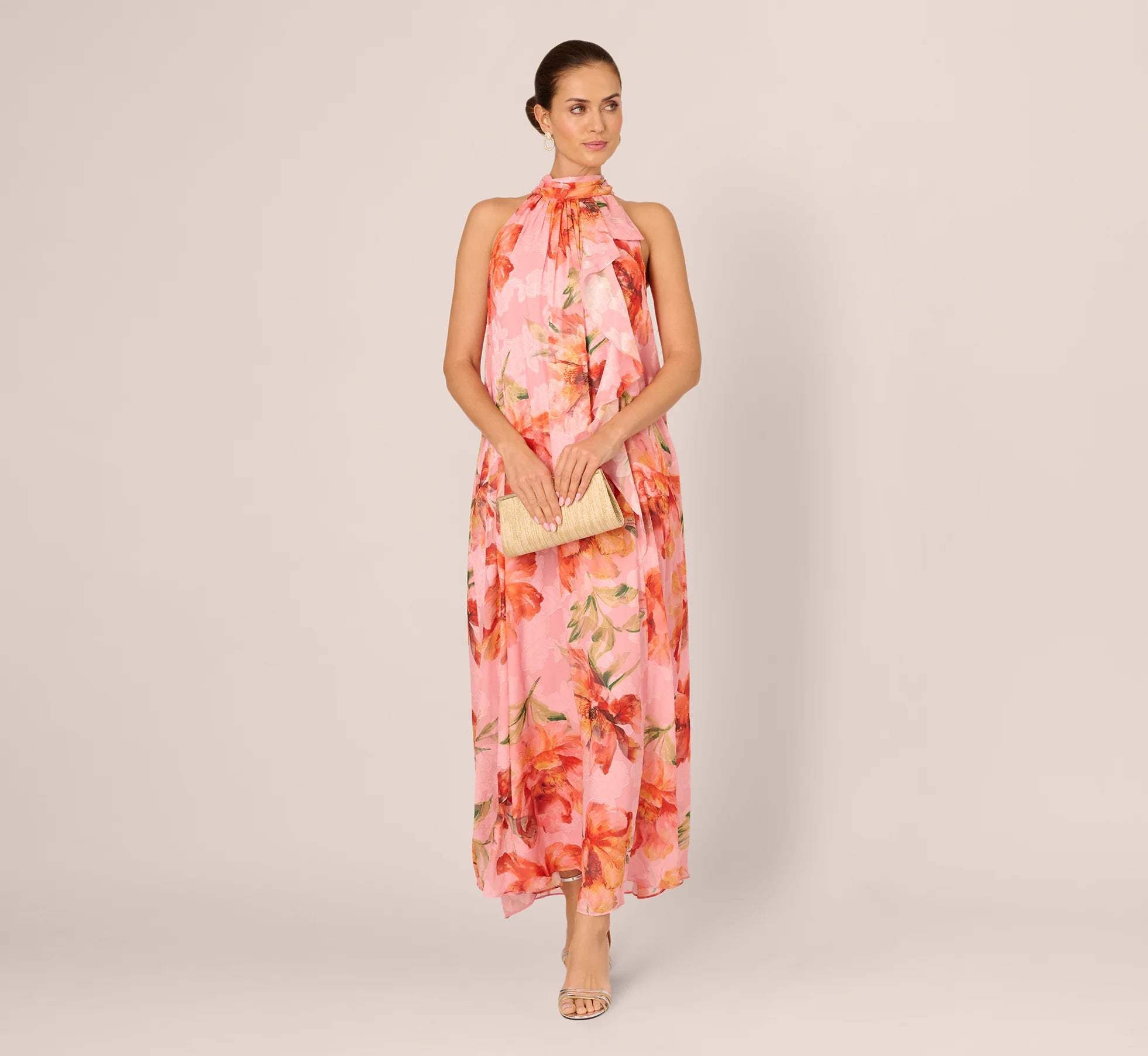 Floral Chiffon Trapeze Halter Gown In Pink Multi