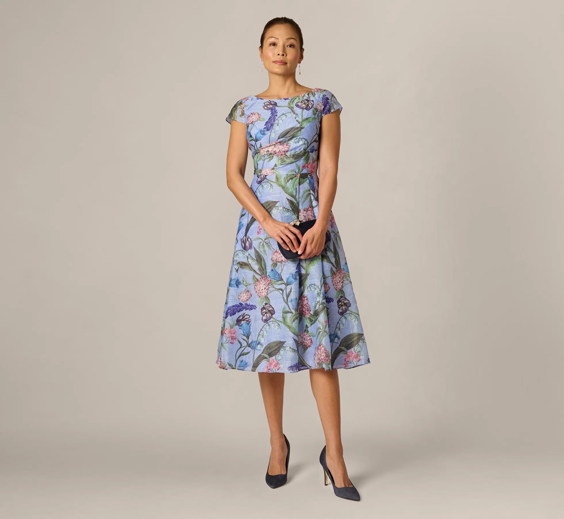 Cap Sleeve Floral Jacquard A Line Midi Dress In Blue Multi