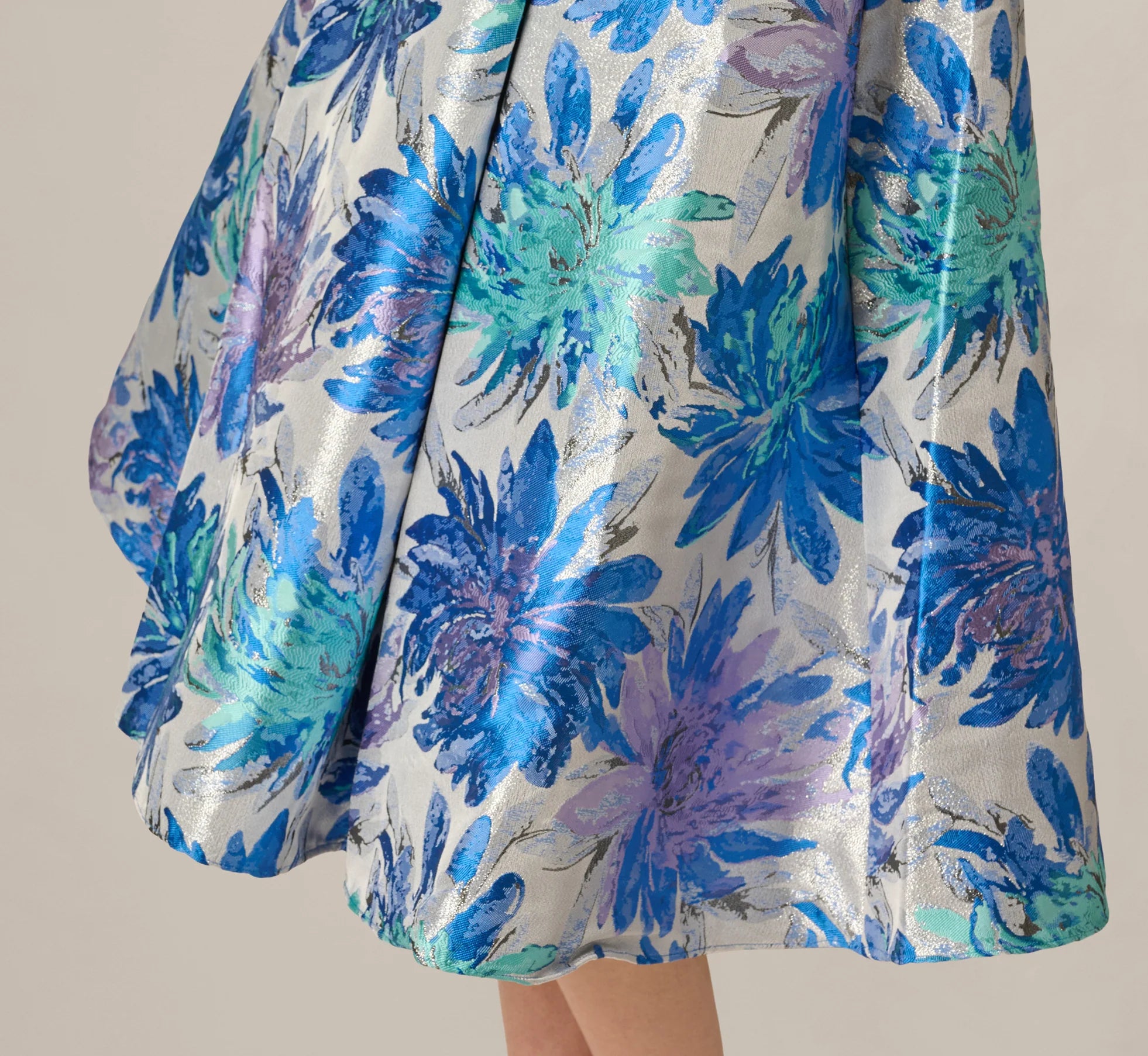 Chrysanthemum Floral Jacquard Fit And Flare Tea Length Dress In Blue Multi