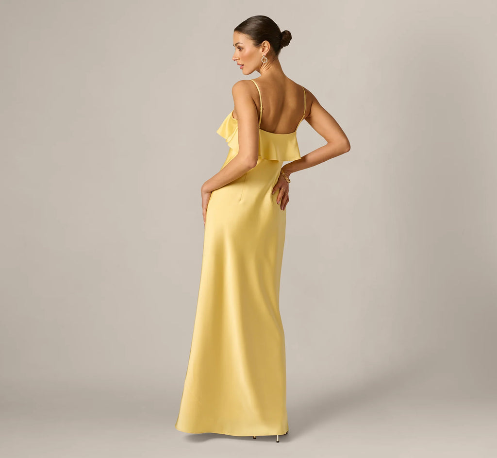 Stretch Satin Flounce Rosette Slip Gown In Butter Yellow