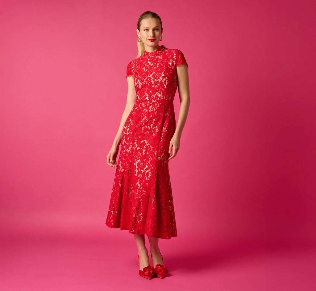 Cap Sleeve Lace Midi Dress In Red Nude