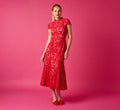 Cap Sleeve Lace Midi Dress In Red Nude