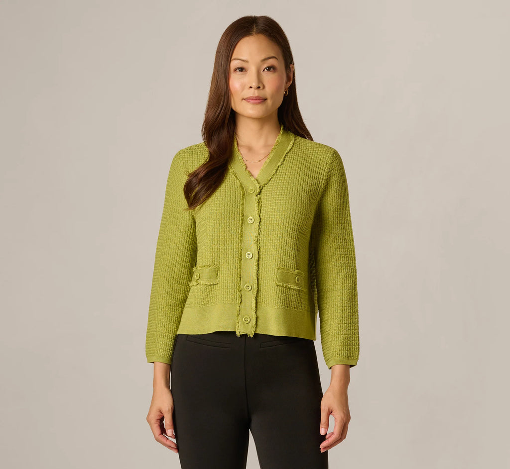 Waffle Knit Cardigan Sweater With Frayed Edges In Apple Green