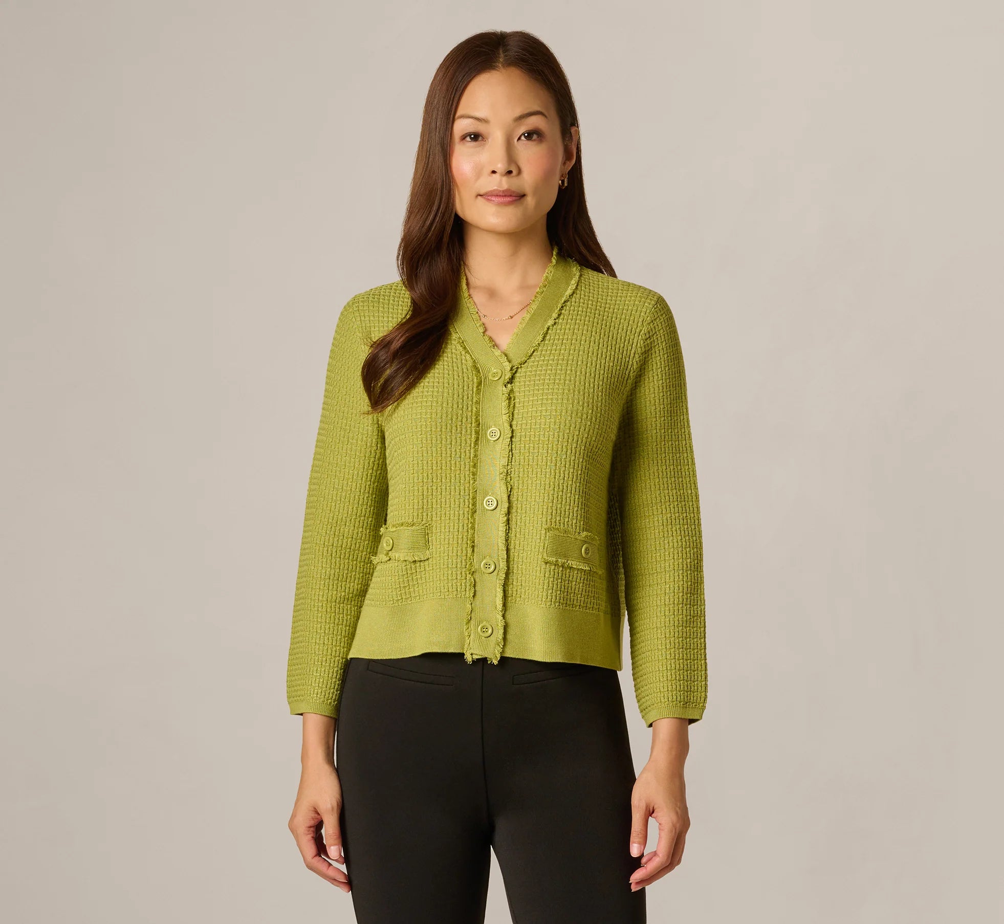 Waffle Knit Cardigan Sweater With Frayed Edges In Apple Green