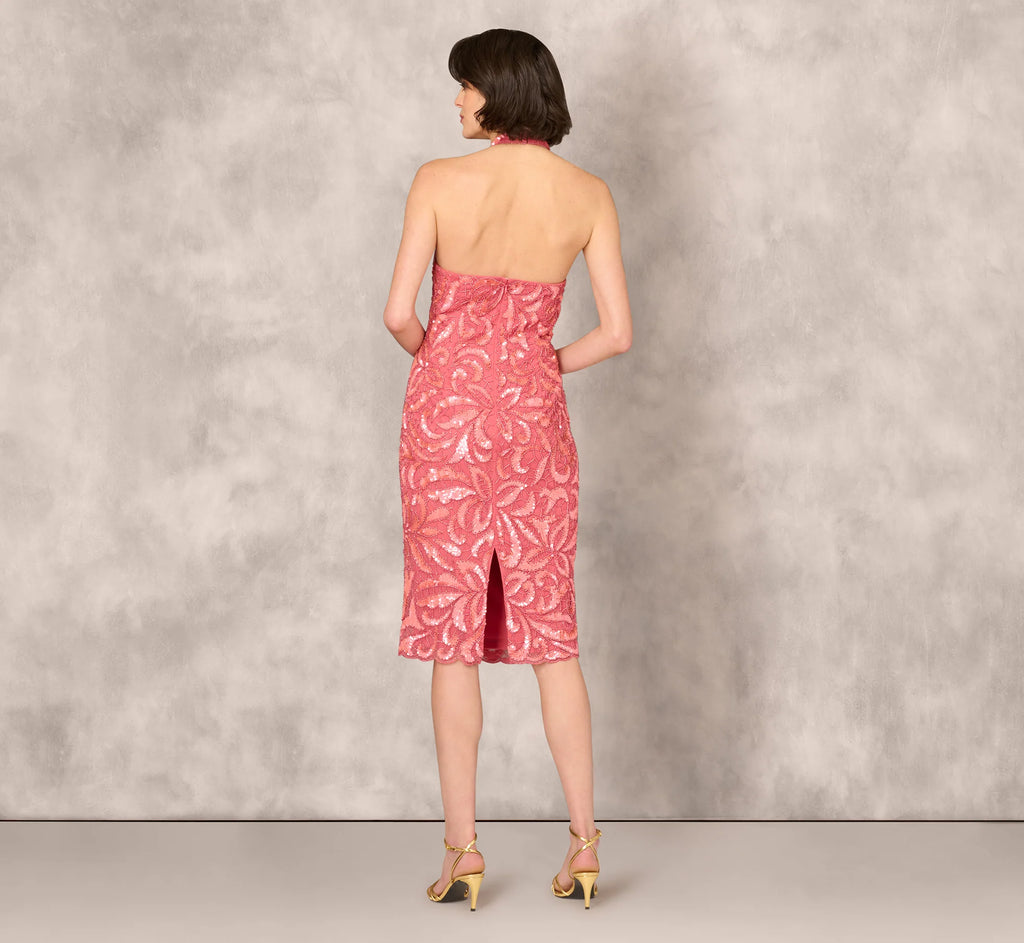 Beaded Halter Midi Sheath Dress In Summer Rose