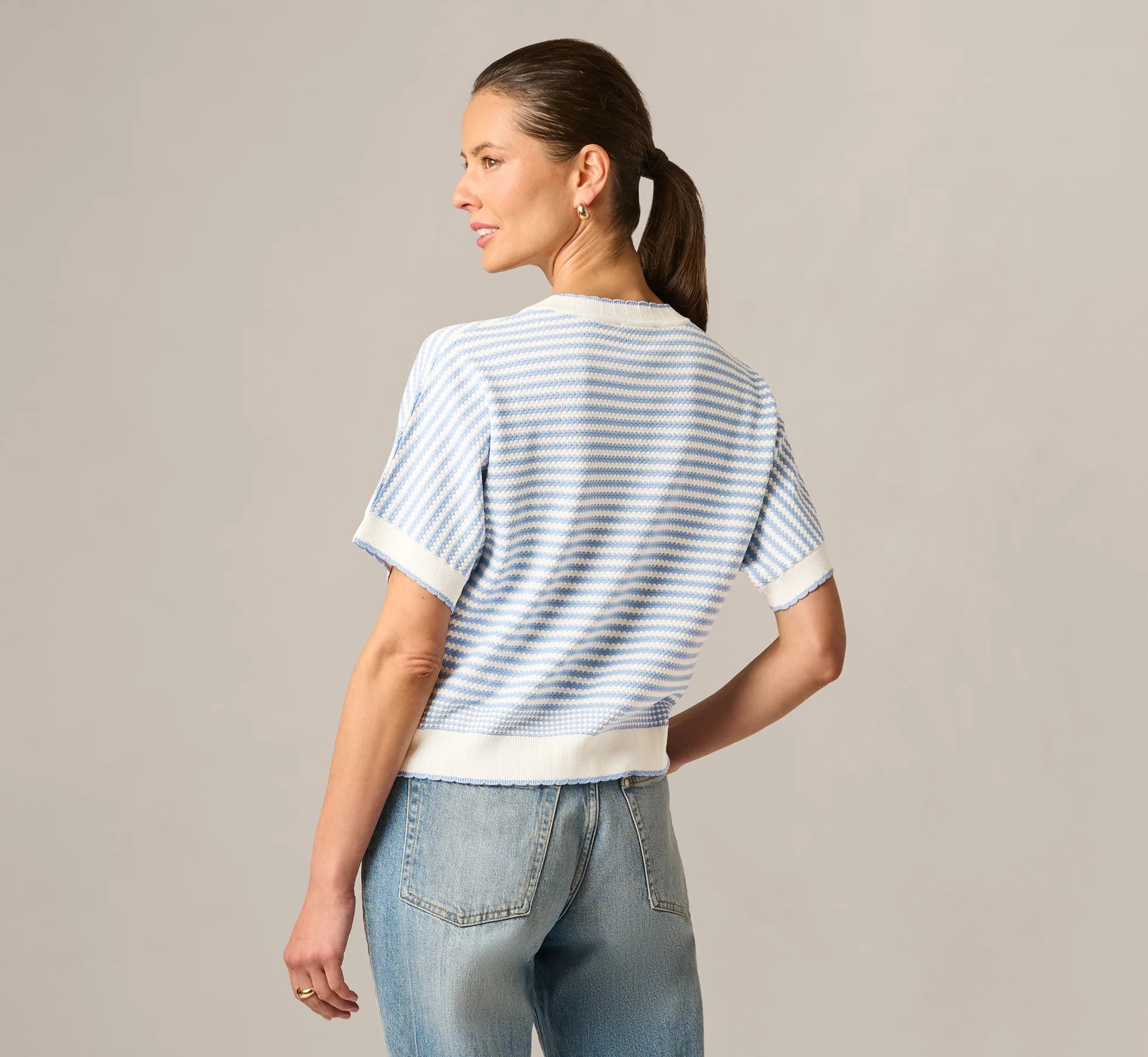 Dolman Sleeve Scalloped Trim Sweater In Ivory Classic Blue