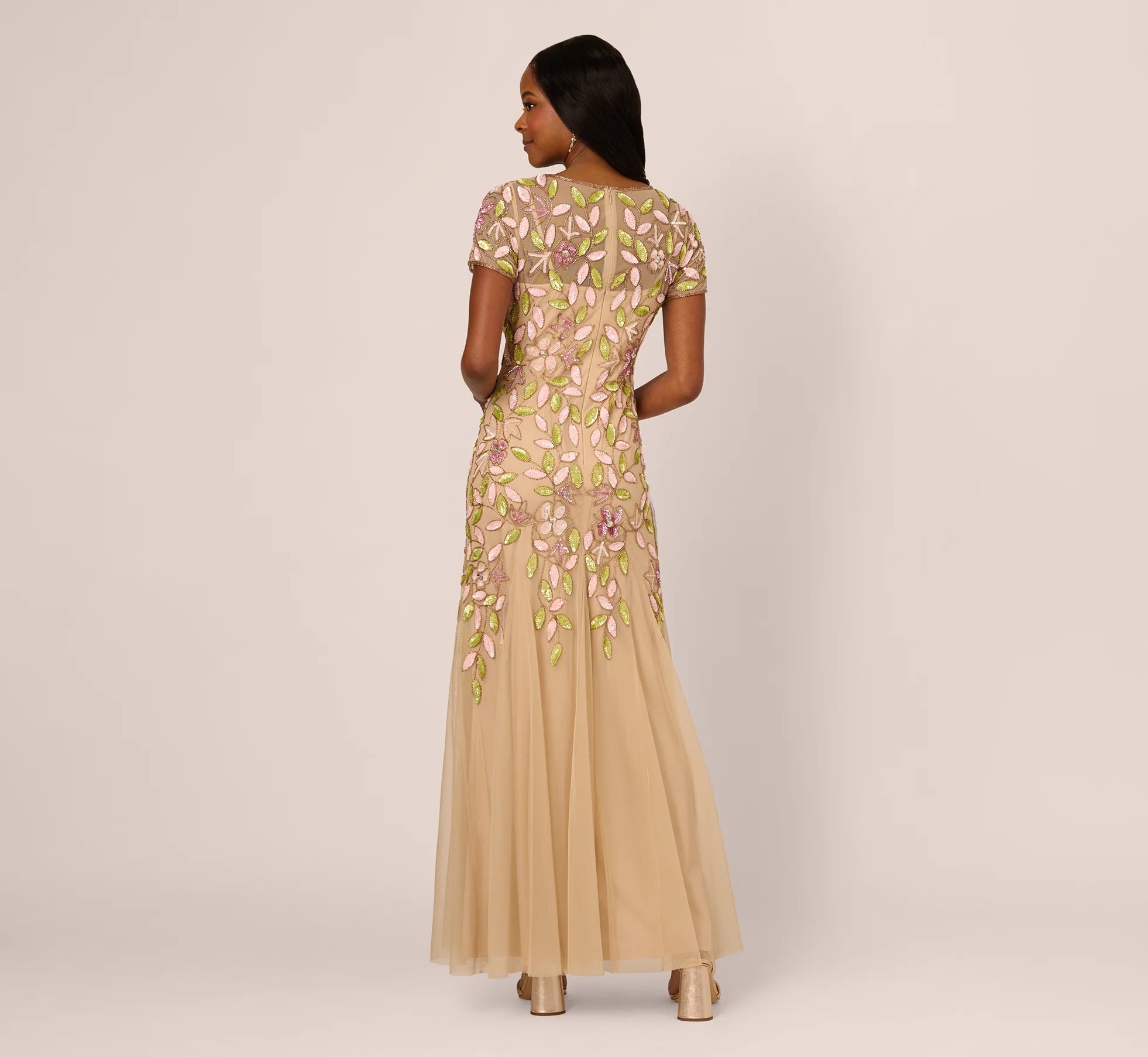 Short Sleeve Vine Beaded Godet Gown In Nude Multi
