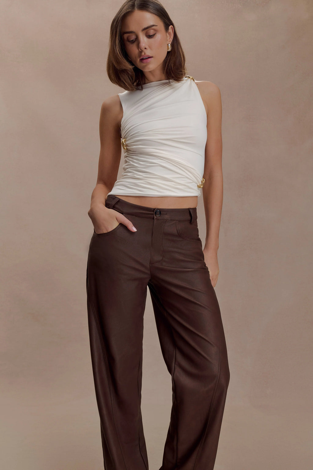 Amia Slinky Sleeveless Top With Hardware - Ivory