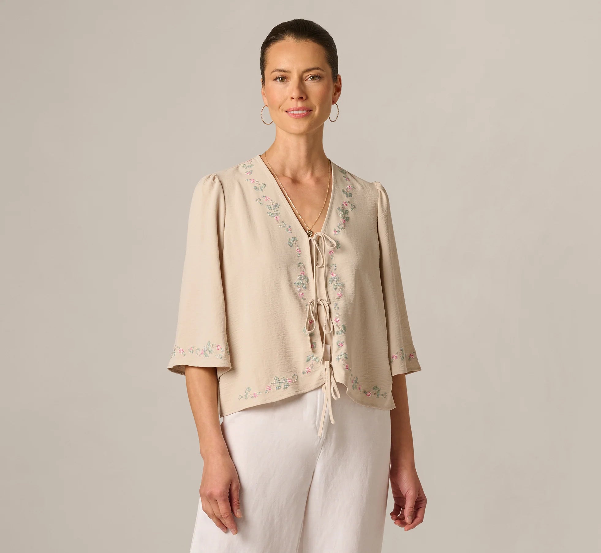 Bell Sleeve Floral Embroidered Tie Front Top In Pebble