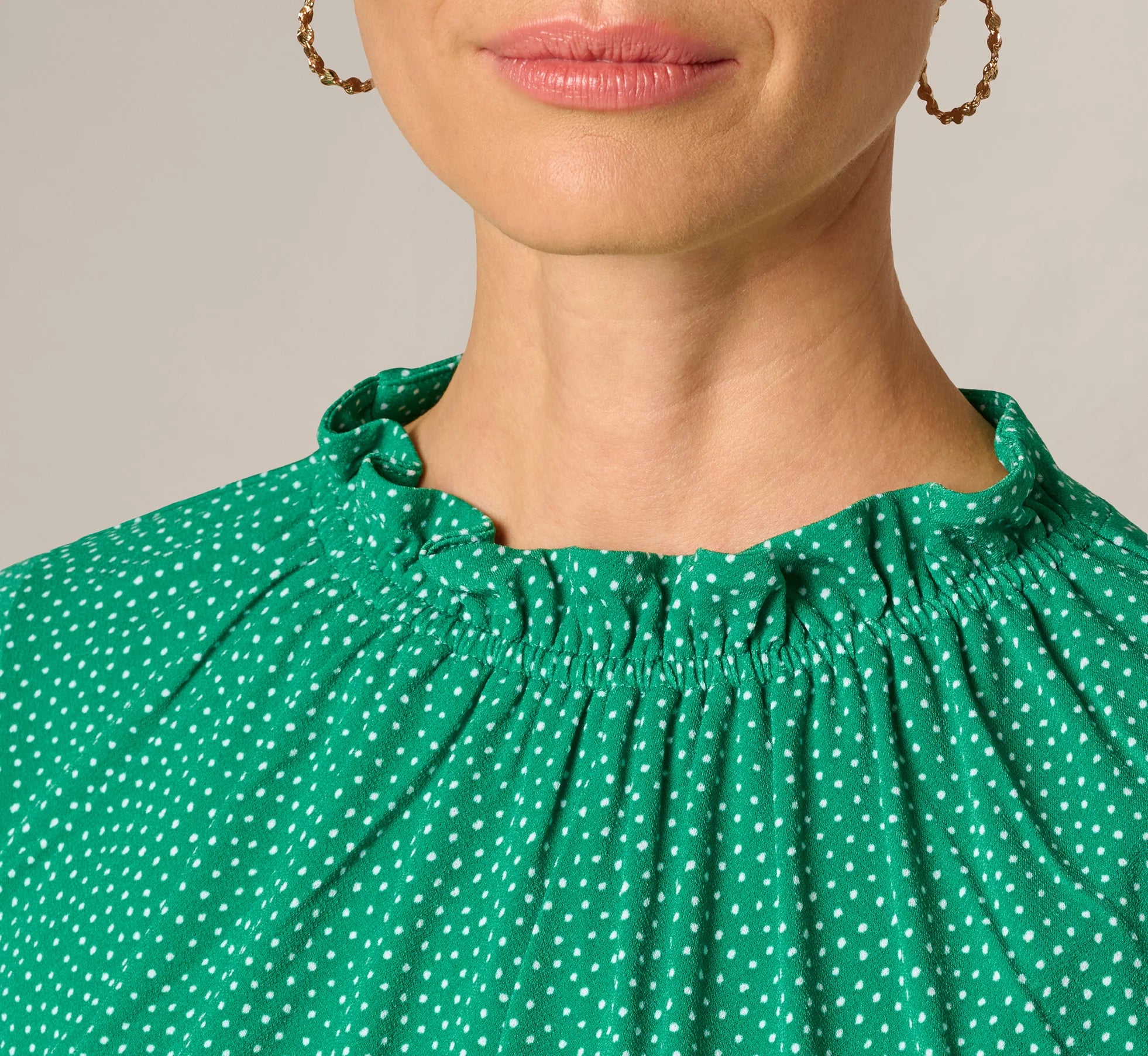 Double Flutter Sleeve Ruffle Neck Top In Vivid Green Broken Dot