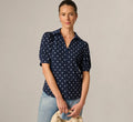 Puff Sleeve Ruffle Collared Top In Navy Ivory Timeless Dot