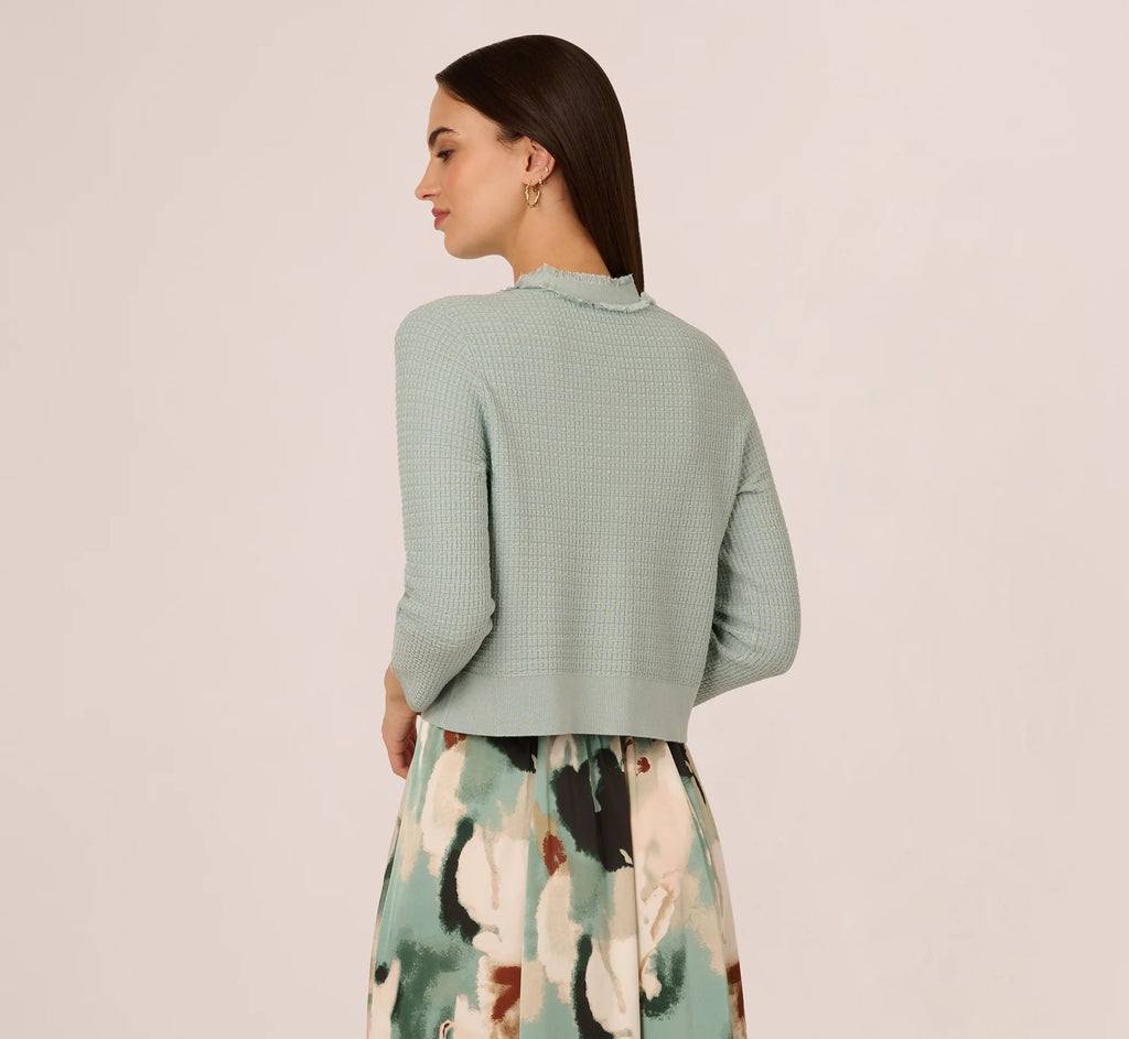 Waffle Knit Cardigan Sweater With Frayed Edges In Dusty Seamist
