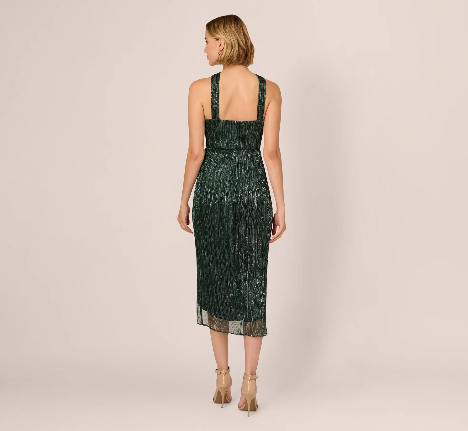 Metallic Knit Halter Midi Dress With Wrap Skirt In Green Pine