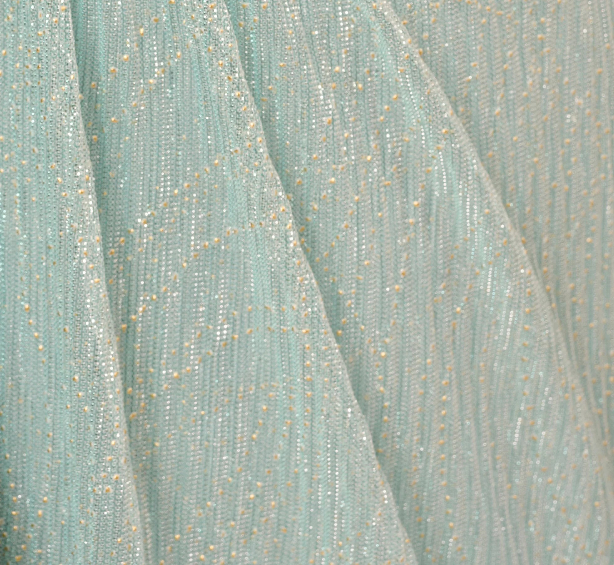 Crinkle Metallic Gown With Sheer Bishop Sleeves And Draped Details In Mint Smoke