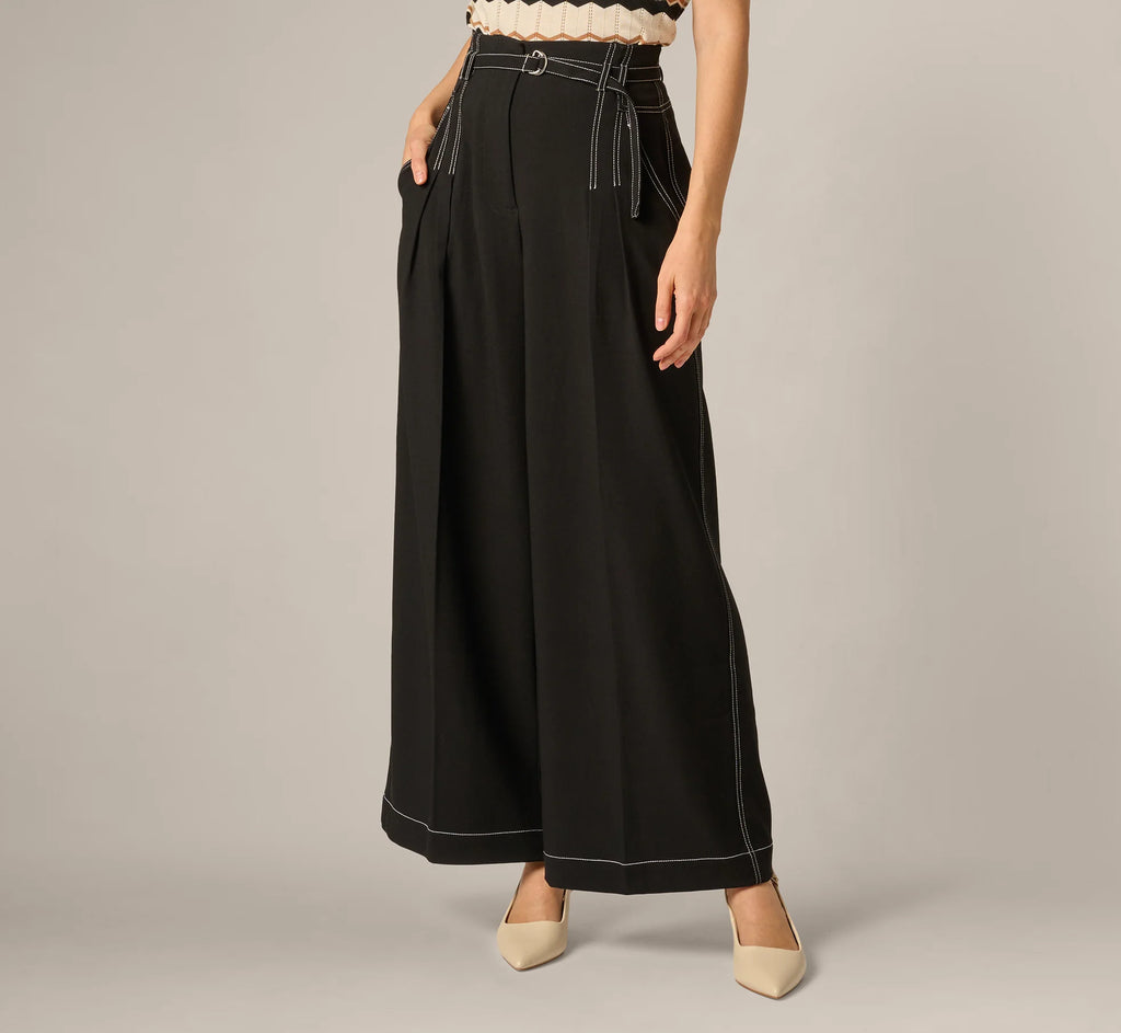 Topstitch Wide Leg Paperbag Pant With Belt In Black Ivory