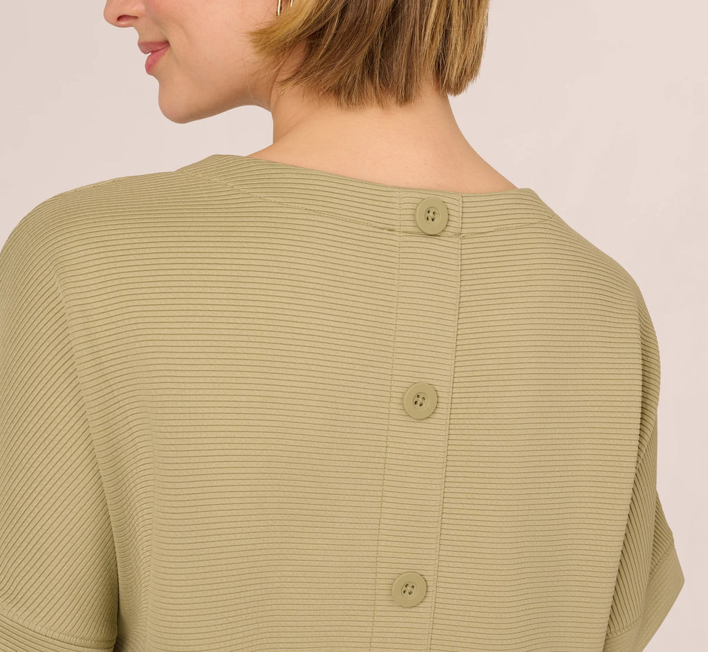 Short Sleeve Rib Knit Back Button Top In Dusty Sage Green
