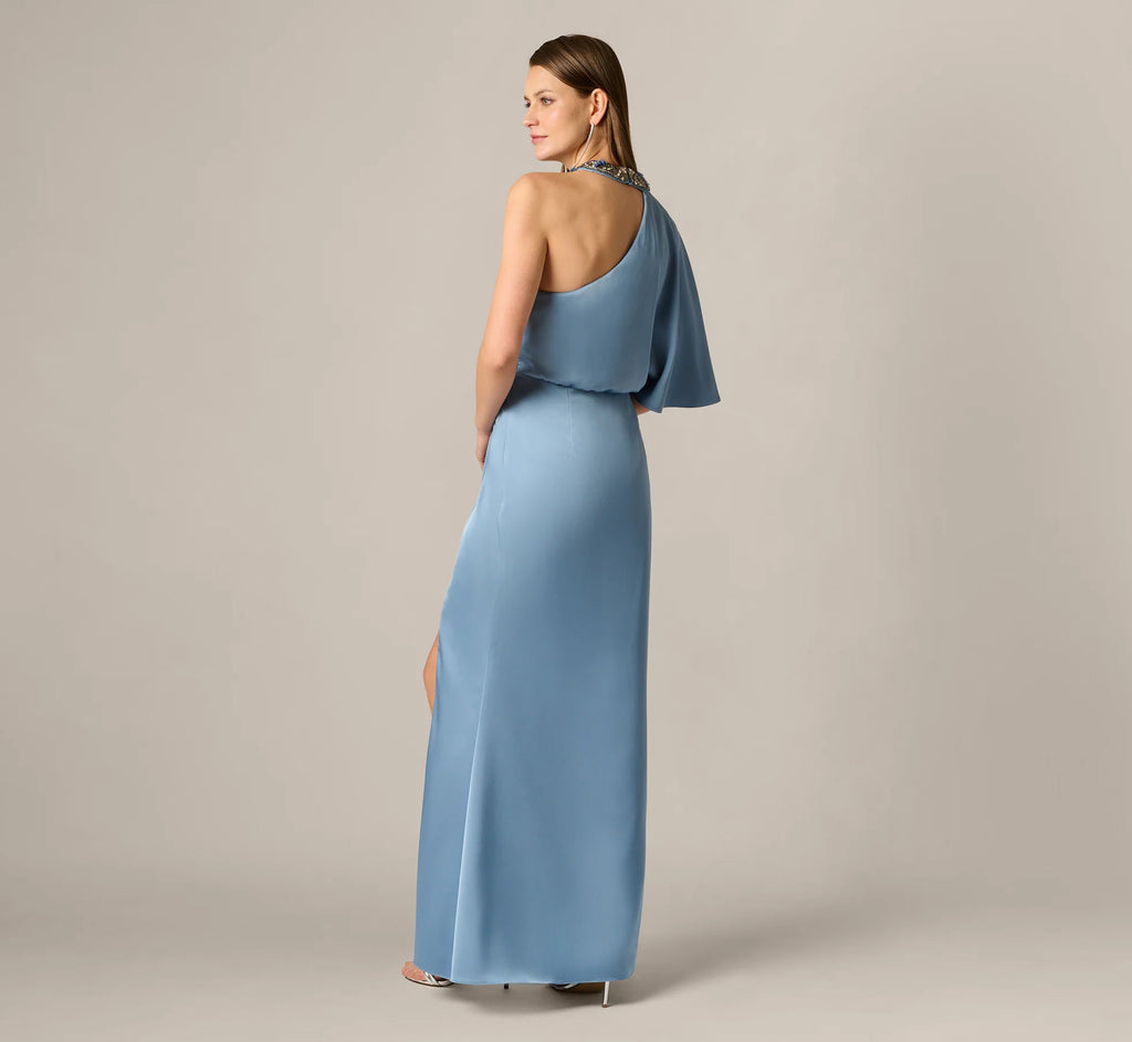 Crepe Back Satin One Shoulder Long Dress In Blue Cloud