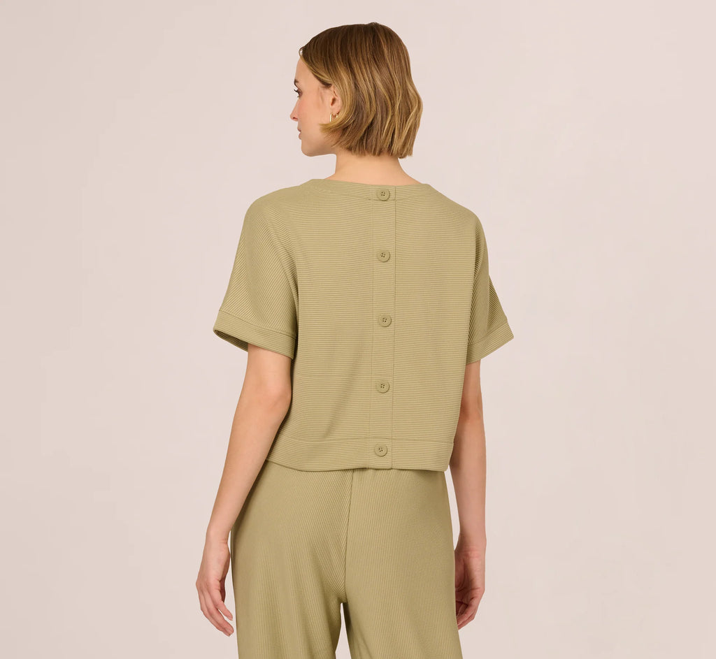Short Sleeve Rib Knit Back Button Top In Dusty Sage Green