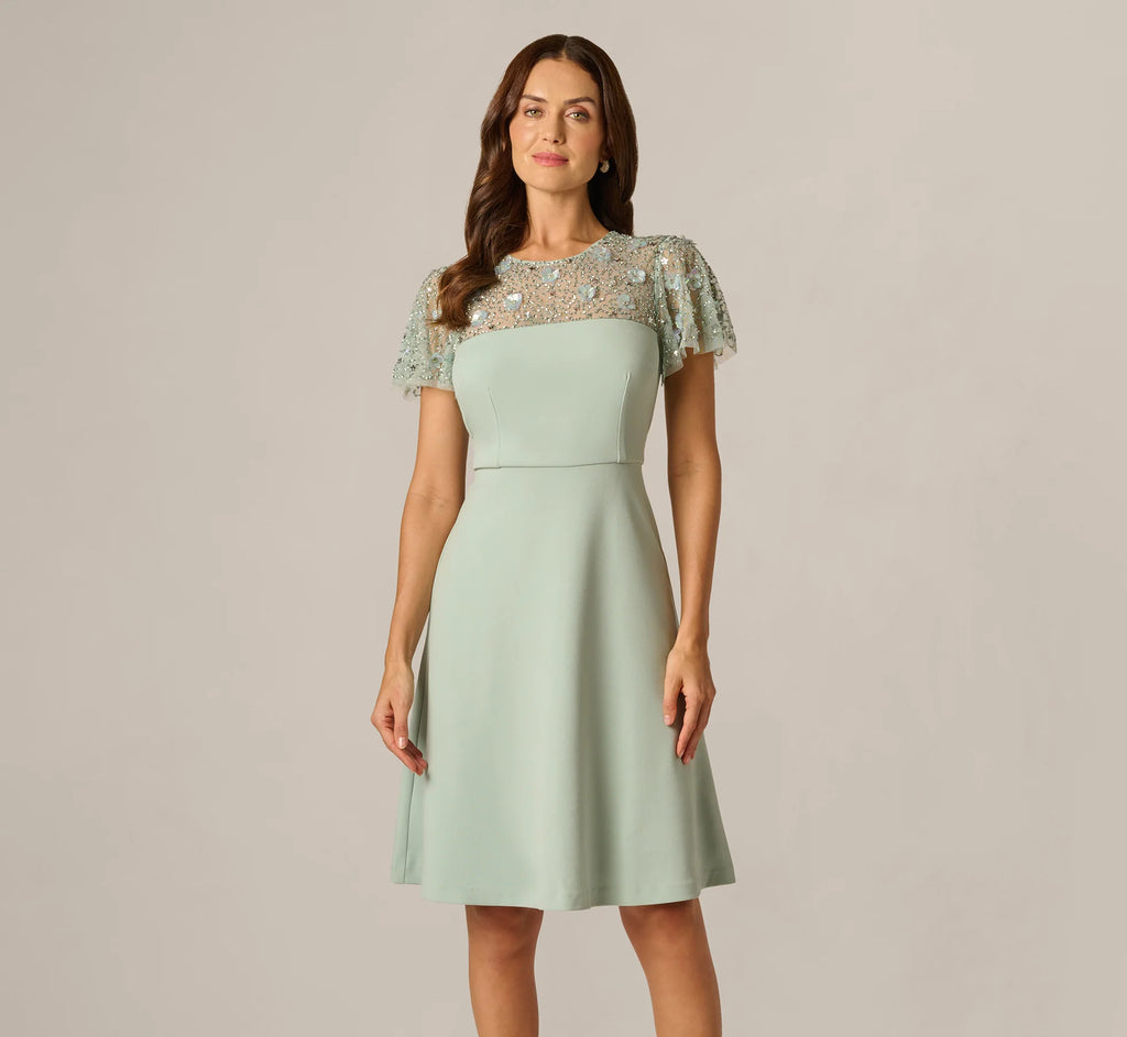 Flutter Sleeve Beaded Illusion Short Dress In Icy Sage
